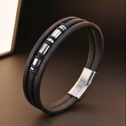 THE MEN THING Leather Bracelet BARREL BLACK - 18mm Genuine Leather Multi-Layer Bracelet with Stainless Steel Magnetic Buckle for Men & Boys (8 inch)