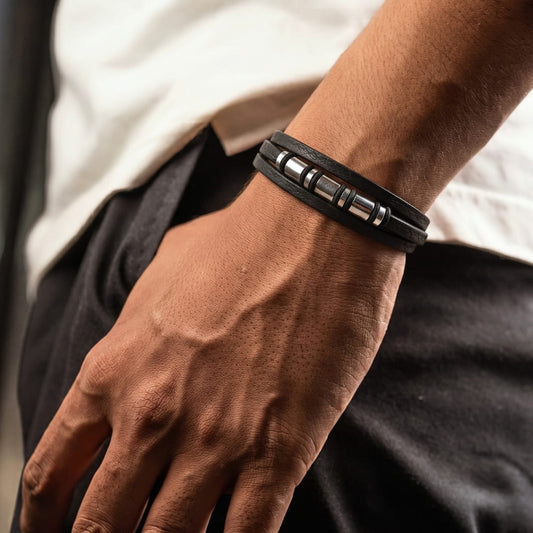 THE MEN THING Leather Bracelet BARREL BLACK - 18mm Genuine Leather Multi-Layer Bracelet with Stainless Steel Magnetic Buckle for Men & Boys (8 inch)