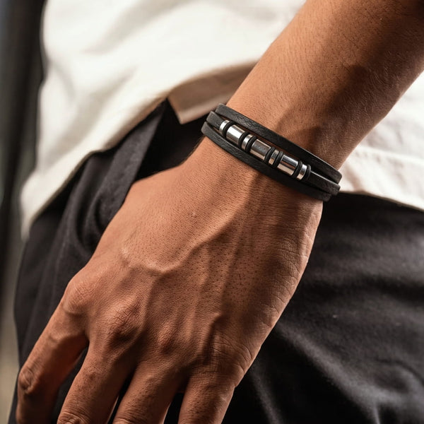BARREL BLACK - 18mm Genuine Leather Multi-Layer Bracelet with Stainless Steel Magnetic Buckle for Men & Boys (8 inch)
