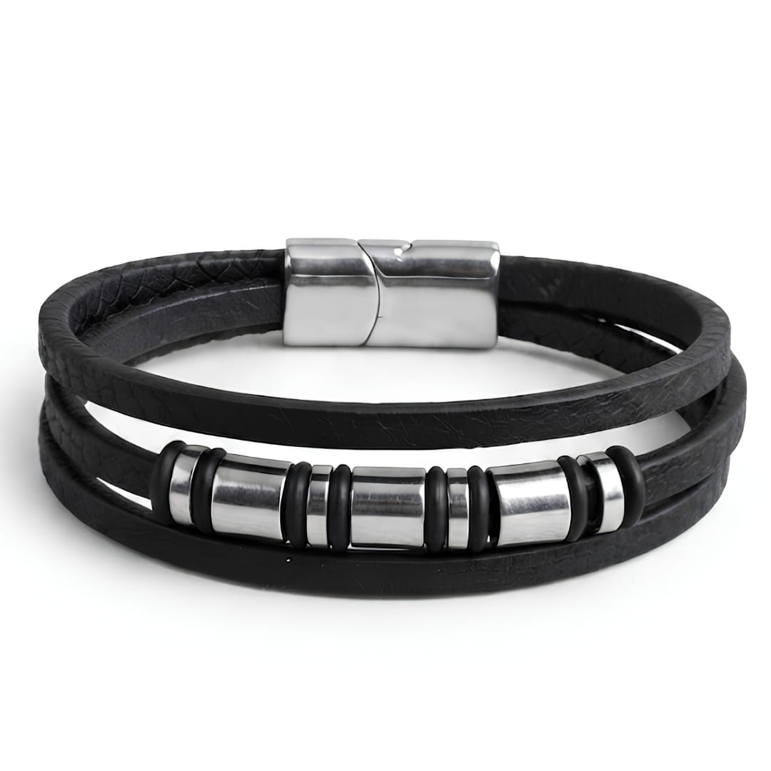 THE MEN THING Leather Bracelet BARREL BLACK - 18mm Genuine Leather Multi-Layer Bracelet with Stainless Steel Magnetic Buckle for Men & Boys (8 inch)