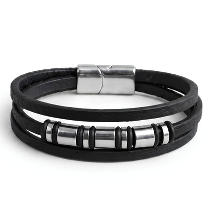 THE MEN THING Leather Bracelet BARREL BLACK - 18mm Genuine Leather Multi-Layer Bracelet with Stainless Steel Magnetic Buckle for Men & Boys (8 inch)