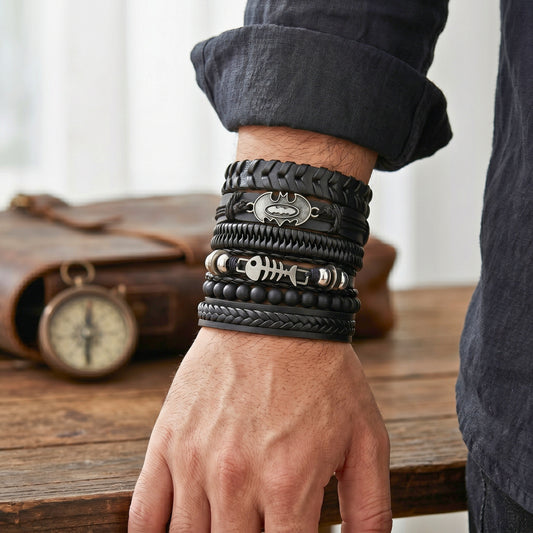 THE MEN THING Leather Bracelet BAT SHADOW FANG - 6 Pcs Genuine Leather Adjustable Bracelet for Men & Boys