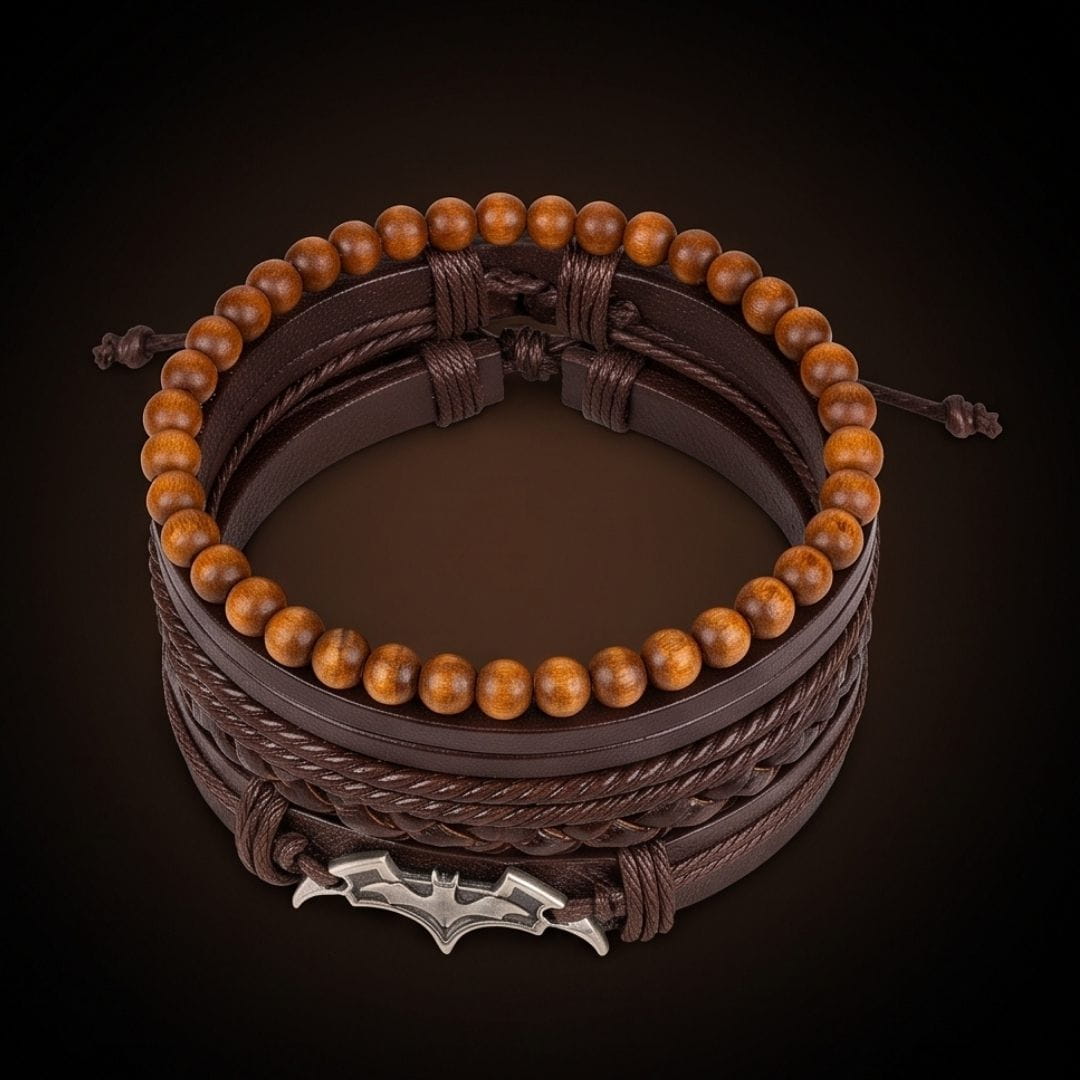 THE MEN THING Leather Bracelet BAT WING STACK BROWN - 4 Pcs Genuine Leather Adjustable Bracelet for Men & Boys