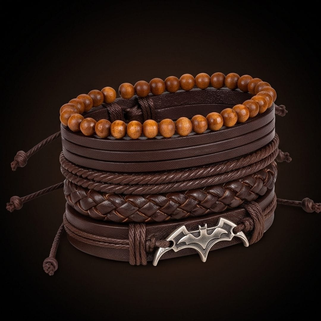 THE MEN THING Leather Bracelet BAT WING STACK BROWN - 4 Pcs Genuine Leather Adjustable Bracelet for Men & Boys