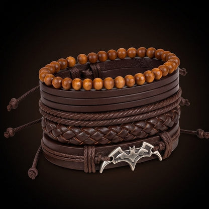 THE MEN THING Leather Bracelet BAT WING STACK BROWN - 4 Pcs Genuine Leather Adjustable Bracelet for Men & Boys