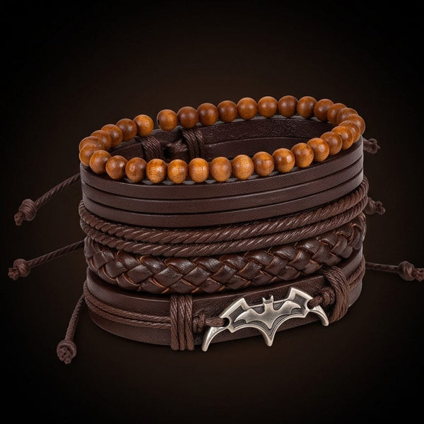 BAT WING STACK BROWN - 4 Pcs Genuine Leather Adjustable Bracelet for Men & Boys