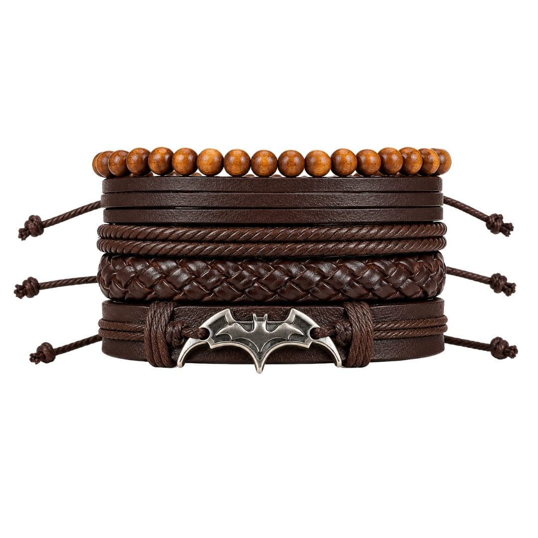 THE MEN THING Leather Bracelet BAT WING STACK BROWN - 4 Pcs Genuine Leather Adjustable Bracelet for Men & Boys
