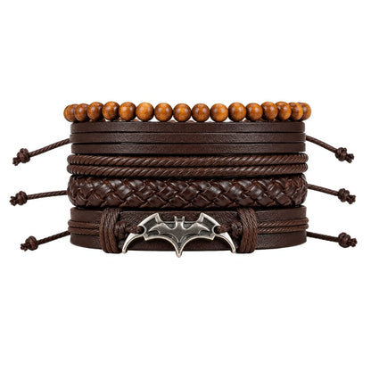 THE MEN THING Leather Bracelet BAT WING STACK BROWN - 4 Pcs Genuine Leather Adjustable Bracelet for Men & Boys
