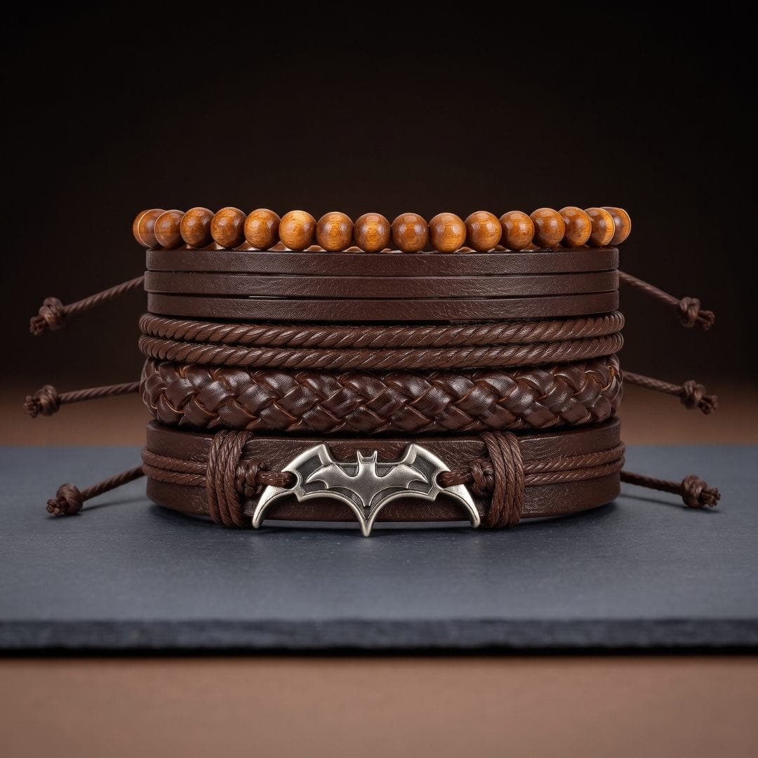 THE MEN THING Leather Bracelet BAT WING STACK BROWN - 4 Pcs Genuine Leather Adjustable Bracelet for Men & Boys