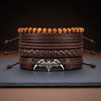 THE MEN THING Leather Bracelet BAT WING STACK BROWN - 4 Pcs Genuine Leather Adjustable Bracelet for Men & Boys