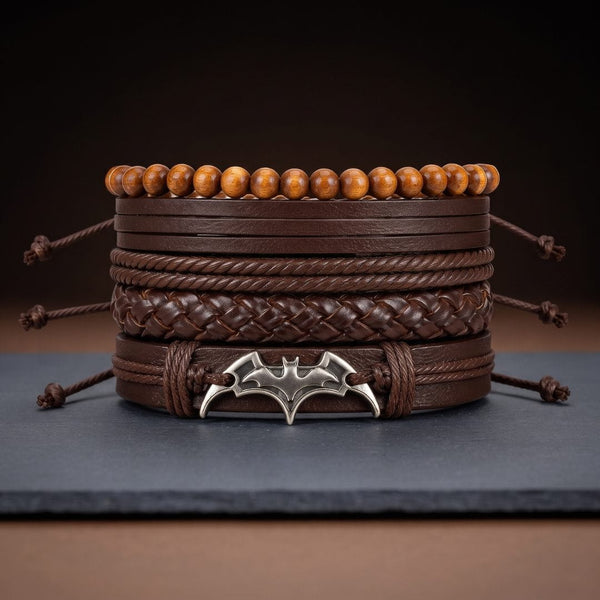 BAT WING STACK BROWN - 4 Pcs Genuine Leather Adjustable Bracelet for Men & Boys