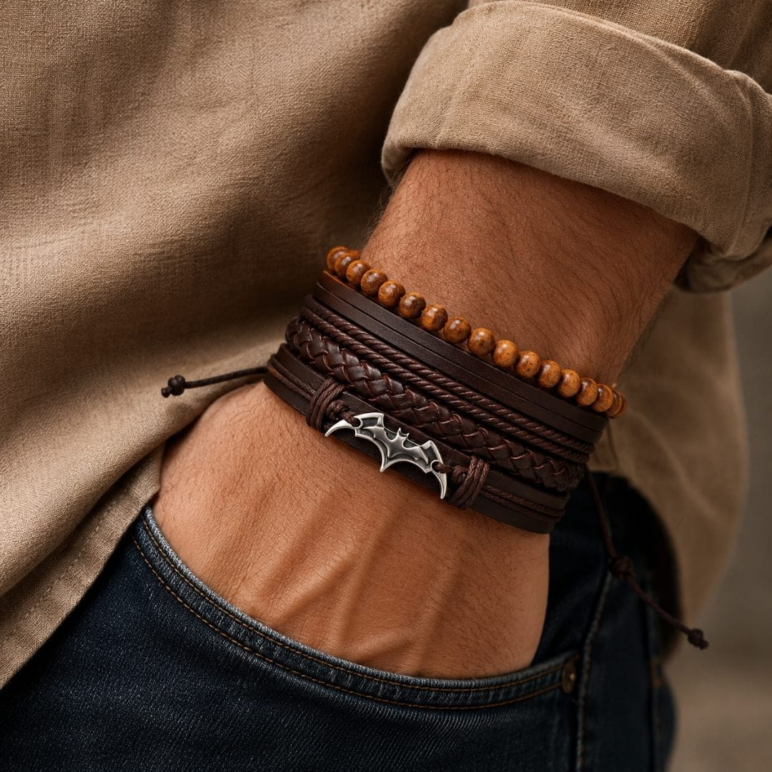 THE MEN THING Leather Bracelet BAT WING STACK BROWN - 4 Pcs Genuine Leather Adjustable Bracelet for Men & Boys
