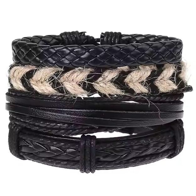 THE MEN THING Leather Bracelet BEAST’S KNOT Set of 4 Genuine Braided Leather Adjustable Bracelets for Men & Boys – 8 Inch