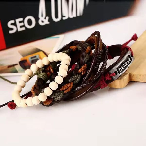 BELIEVE BAND - 4 Pcs Genuine Braided Leather Bracelet Set for Men & Boys (8 inch)