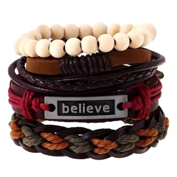 BELIEVE BAND - 4 Pcs Genuine Braided Leather Bracelet Set for Men & Boys (8 inch)