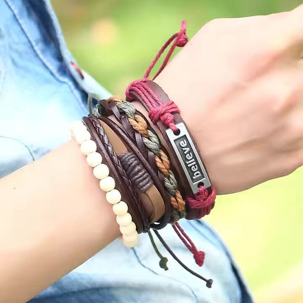 BELIEVE BAND - 4 Pcs Genuine Braided Leather Bracelet Set for Men & Boys (8 inch)