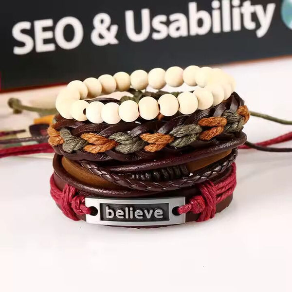 BELIEVE BAND - 4 Pcs Genuine Braided Leather Bracelet Set for Men & Boys (8 inch)