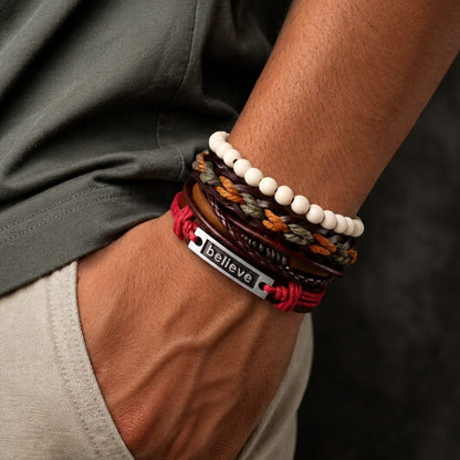 THE MEN THING Leather Bracelet BELIEVE BAND - 4 Pcs Genuine Braided Leather Bracelet Set for Men & Boys (8 inch)