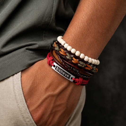 THE MEN THING Leather Bracelet BELIEVE BAND - 4 Pcs Genuine Braided Leather Bracelet Set for Men & Boys (8 inch)