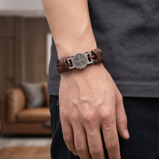 THE MEN THING Leather Bracelet BENEDICT STRAP - 18mm Genuine Braided Leather Adjustable Bracelets for Men & Boys