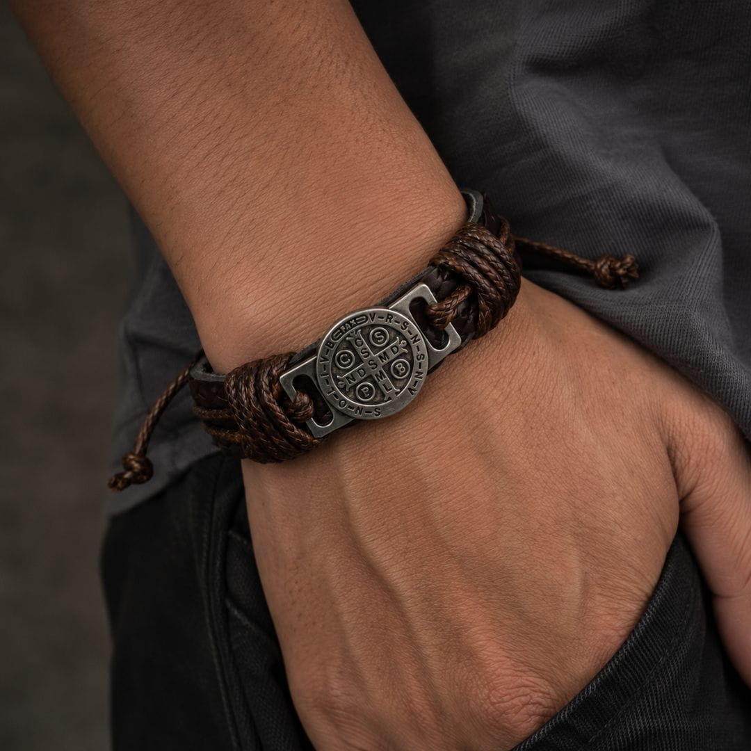 THE MEN THING Leather Bracelet BENEDICT STRAP - 18mm Genuine Braided Leather Adjustable Bracelets for Men & Boys