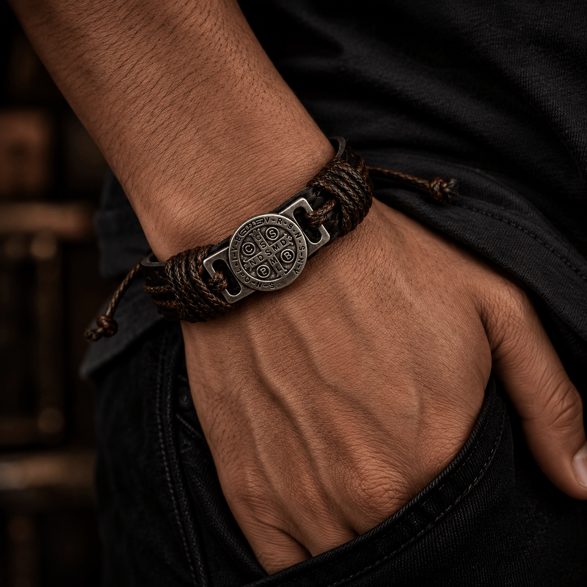 THE MEN THING Leather Bracelet BENEDICT STRAP - 18mm Genuine Braided Leather Adjustable Bracelets for Men & Boys