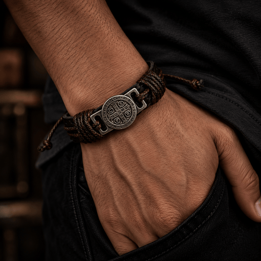 THE MEN THING Leather Bracelet BENEDICT STRAP - 18mm Genuine Braided Leather Adjustable Bracelets for Men & Boys