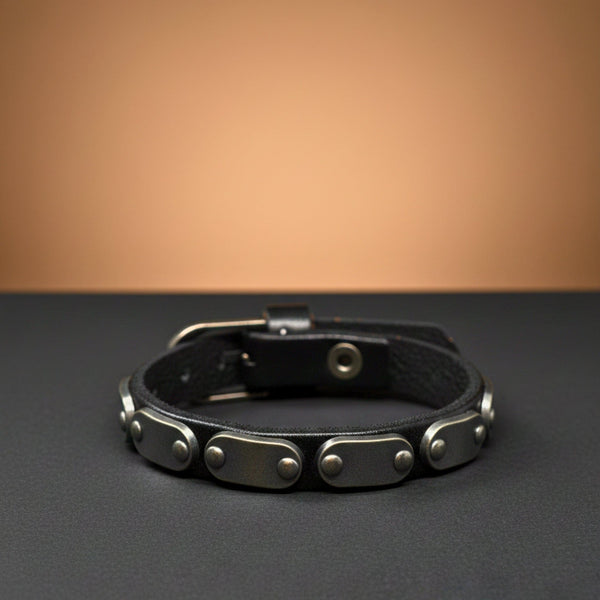 BLACK BOLT - 10mm Black Genuine Leather Adjustable Bracelet for Men & Boys (9.5 inch)