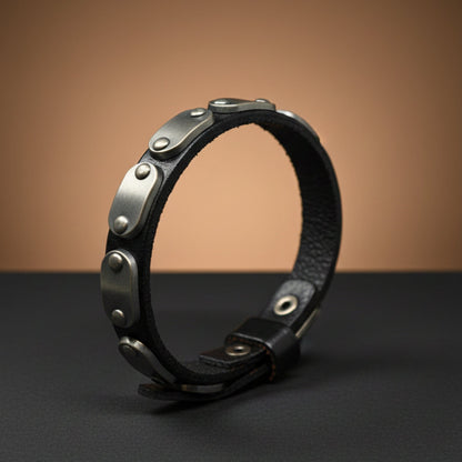 THE MEN THING Leather Bracelet BLACK BOLT - 10mm Black Genuine Leather Adjustable Bracelet for Men & Boys (9.5 inch)