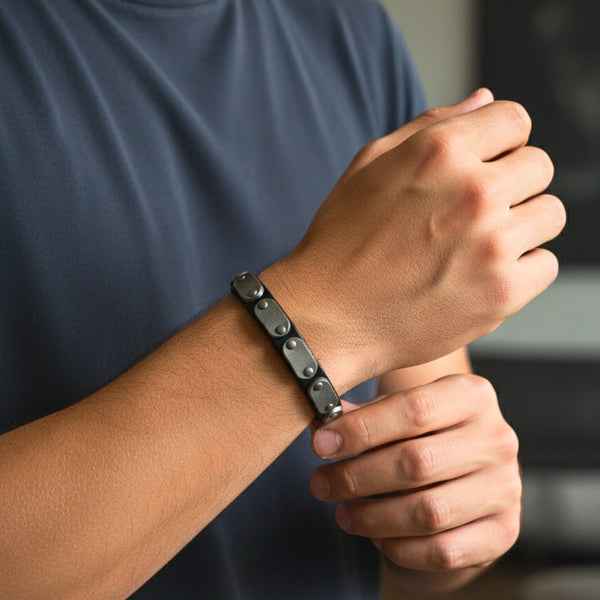 BLACK BOLT - 10mm Black Genuine Leather Adjustable Bracelet for Men & Boys (9.5 inch)