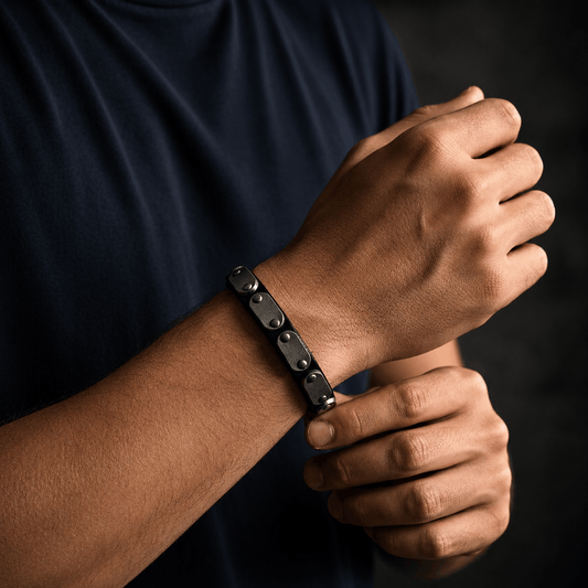 THE MEN THING Leather Bracelet BLACK BOLT - 10mm Black Genuine Leather Adjustable Bracelet for Men & Boys (9.5 inch)