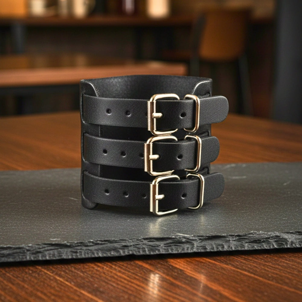 THE MEN THING Leather Bracelet BLACK FORTRESS - 70.4mm Black Genuine Leather Adjustable Bracelet for Men & Boys (10.5 inch)