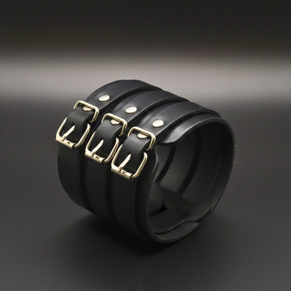 THE MEN THING Leather Bracelet BLACK FORTRESS - 70.4mm Black Genuine Leather Adjustable Bracelet for Men & Boys (10.5 inch)