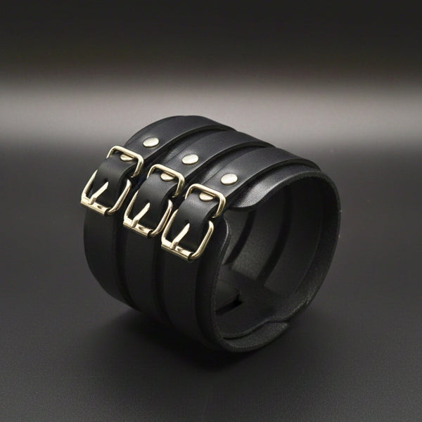 BLACK FORTRESS - 70.4mm Black Genuine Leather Adjustable Bracelet for Men & Boys (10.5 inch)