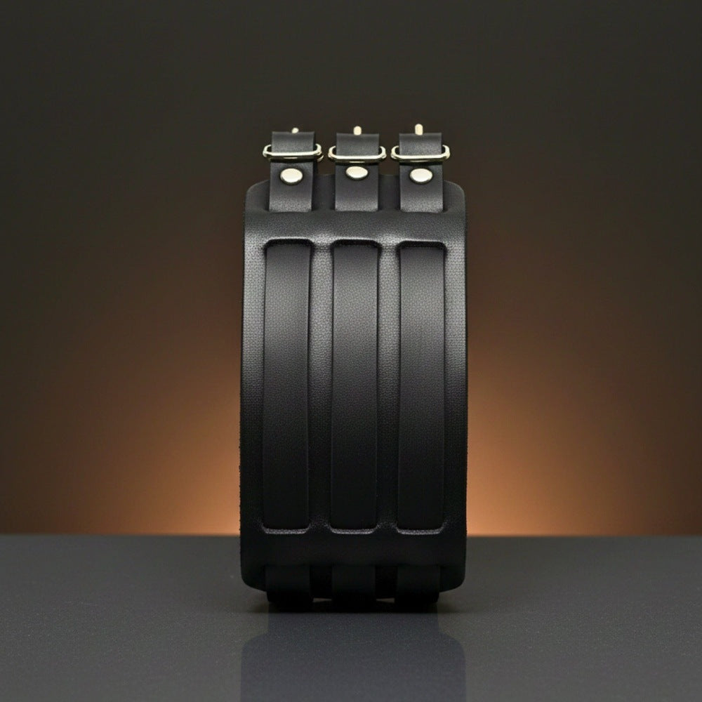 THE MEN THING Leather Bracelet BLACK FORTRESS - 70.4mm Black Genuine Leather Adjustable Bracelet for Men & Boys (10.5 inch)