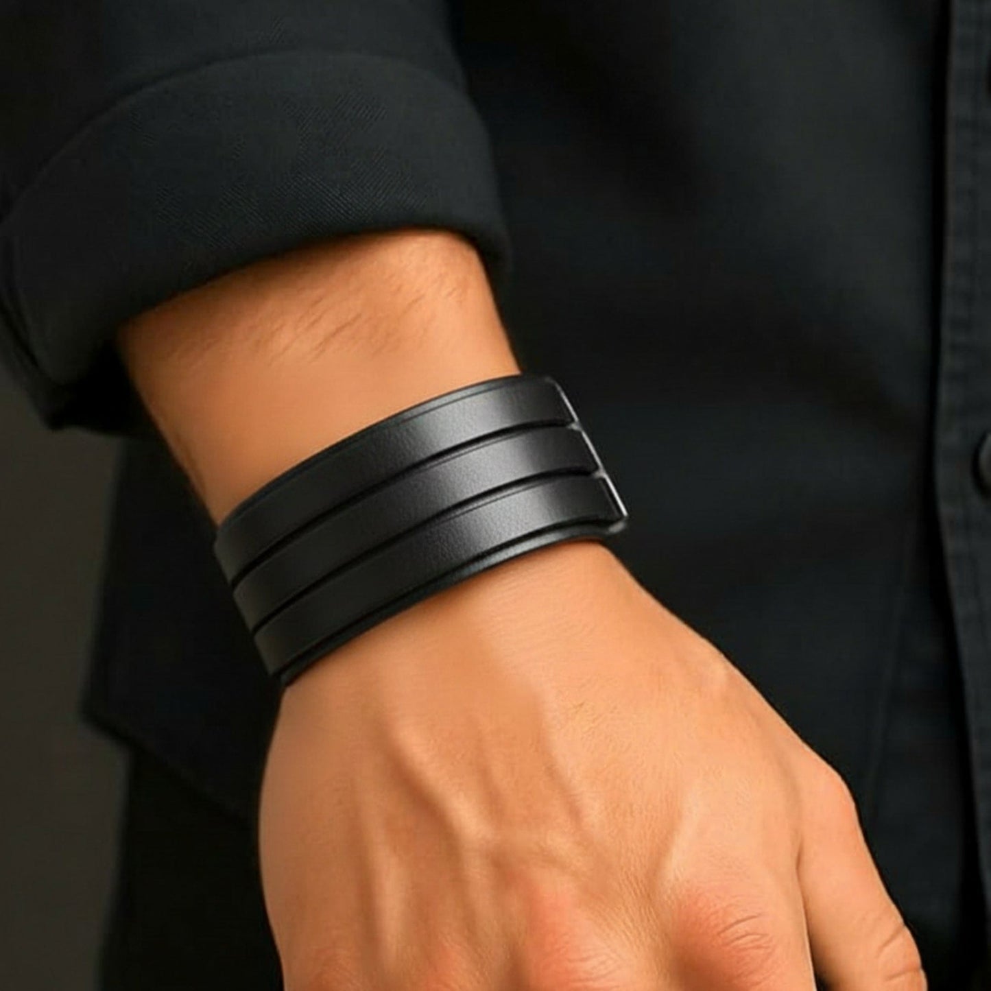 THE MEN THING Leather Bracelet BLACK FORTRESS - 70.4mm Black Genuine Leather Adjustable Bracelet for Men & Boys (10.5 inch)