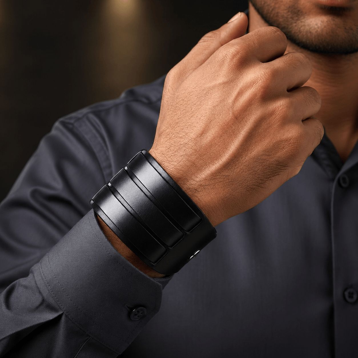 THE MEN THING Leather Bracelet BLACK FORTRESS - 70.4mm Black Genuine Leather Adjustable Bracelet for Men & Boys (10.5 inch)