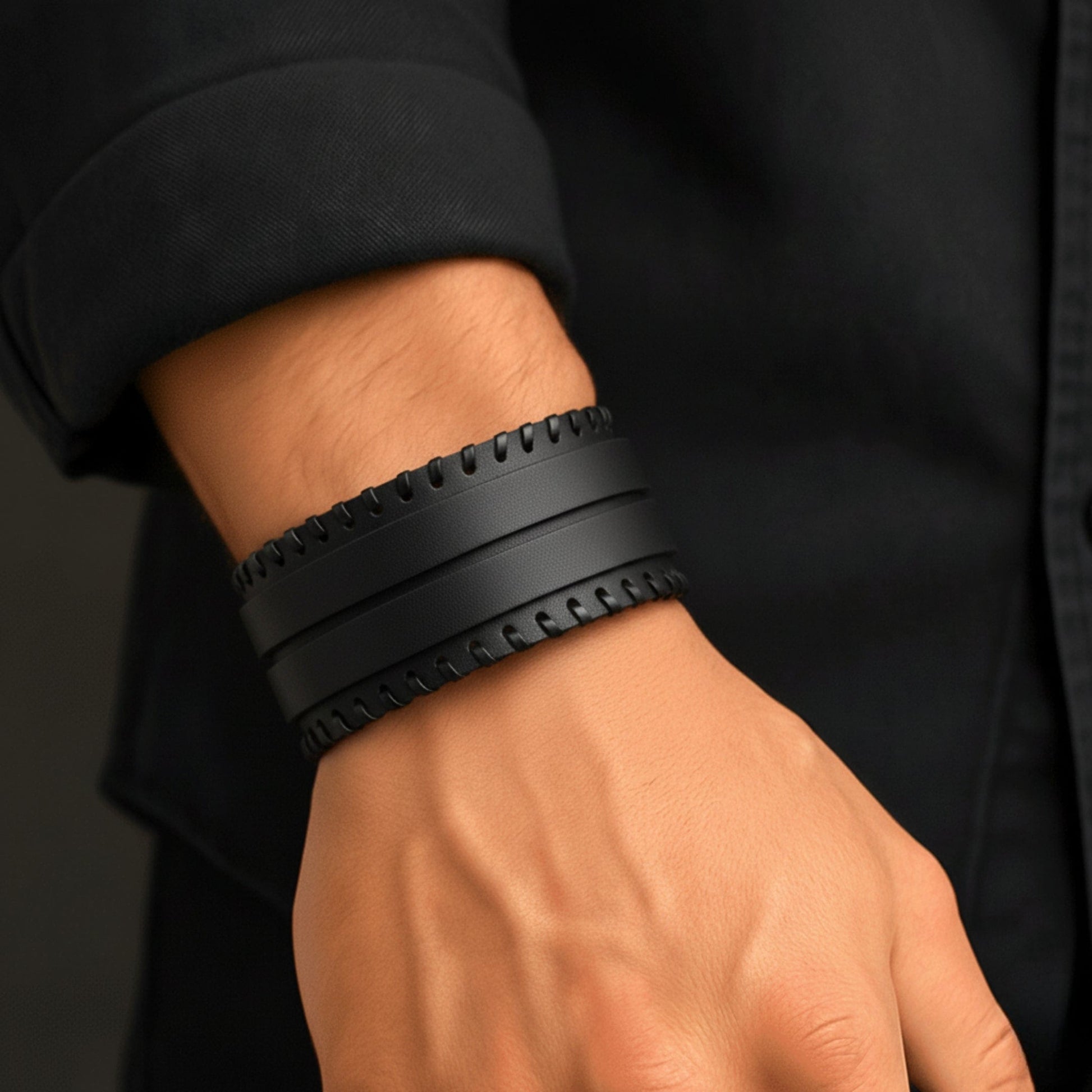 THE MEN THING Leather Bracelet BLACK VORTEX - 50.5mm Black Genuine Leather Adjustable Bracelet for Men & Boys (11 inch)