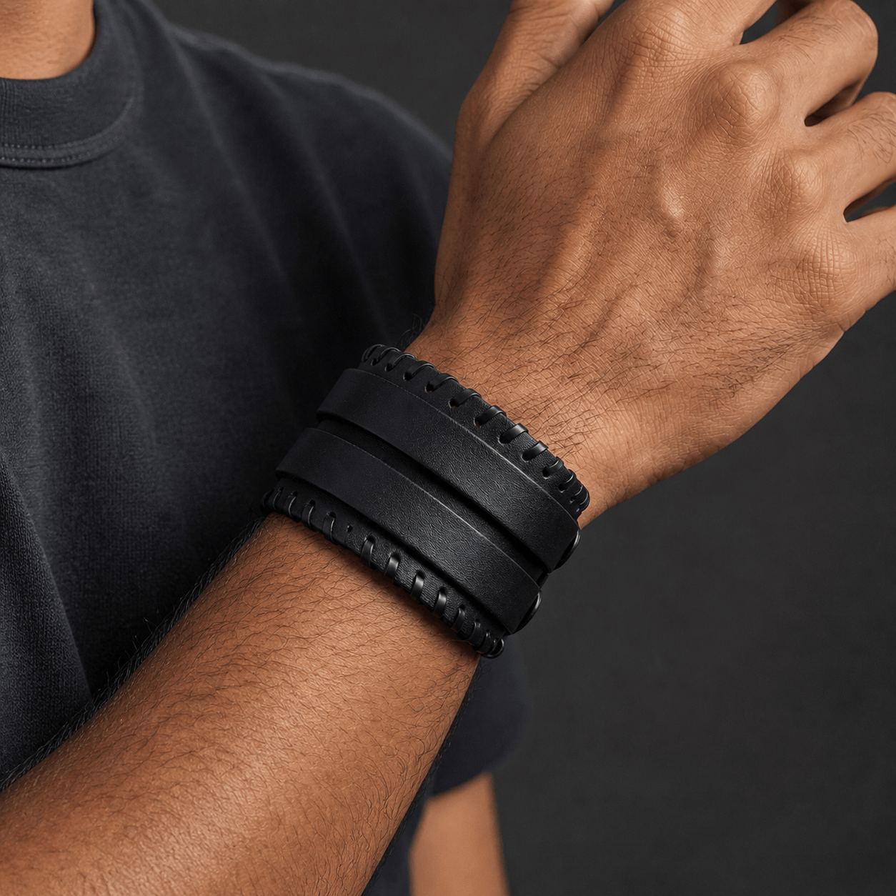 THE MEN THING Leather Bracelet BLACK VORTEX - 50.5mm Black Genuine Leather Adjustable Bracelet for Men & Boys (11 inch)