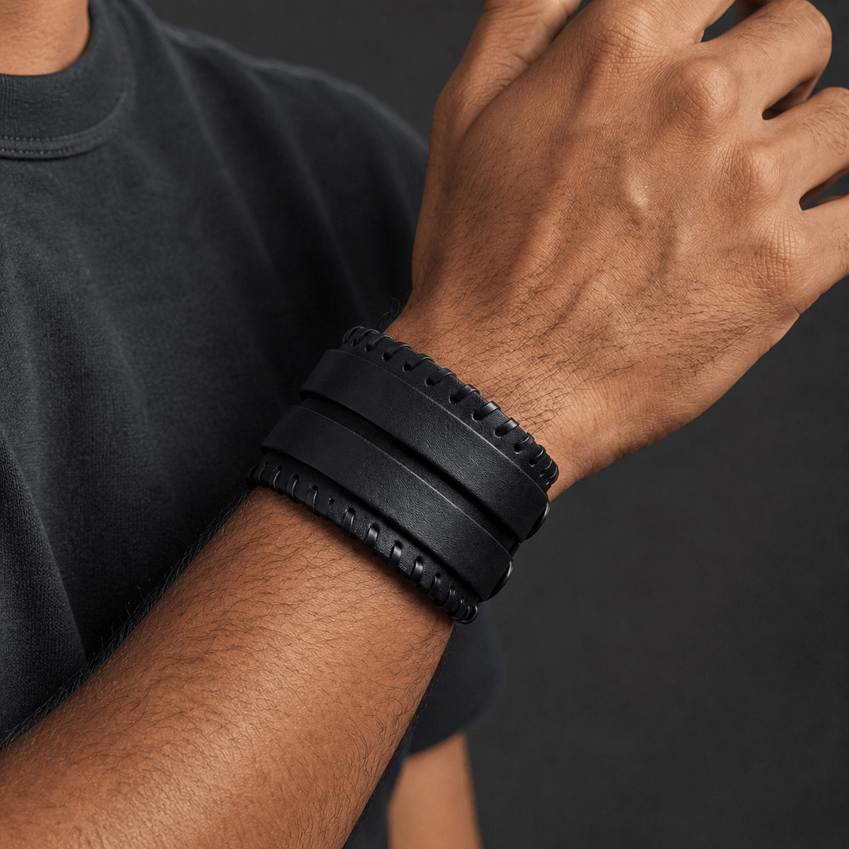 THE MEN THING Leather Bracelet BLACK VORTEX - 50.5mm Black Genuine Leather Adjustable Bracelet for Men & Boys (11 inch)