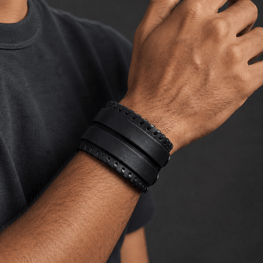 THE MEN THING Leather Bracelet BLACK VORTEX - 50.5mm Black Genuine Leather Adjustable Bracelet for Men & Boys (11 inch)