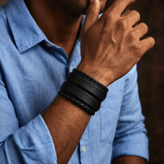 THE MEN THING Leather Bracelet BLACK VORTEX - 50.5mm Black Genuine Leather Adjustable Bracelet for Men & Boys (11 inch)