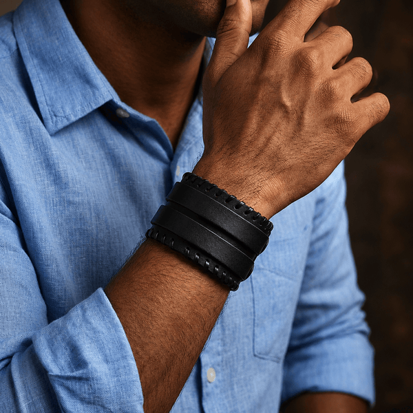BLACK VORTEX - 50.5mm Black Genuine Leather Adjustable Bracelet for Men & Boys (11 inch)
