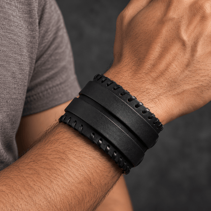 THE MEN THING Leather Bracelet BLACK VORTEX - 50.5mm Black Genuine Leather Adjustable Bracelet for Men & Boys (11 inch)