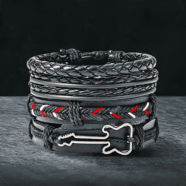 BLACKFIRE KNOT - 4 Pcs Genuine Braided Leather Bracelet Set for Men & Boys (8 inch)