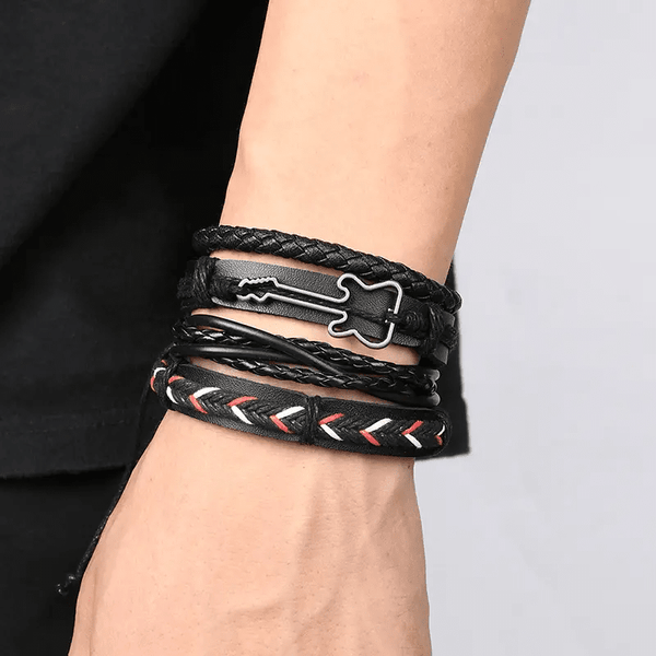 BLACKFIRE KNOT - 4 Pcs Genuine Braided Leather Bracelet Set for Men & Boys (8 inch)