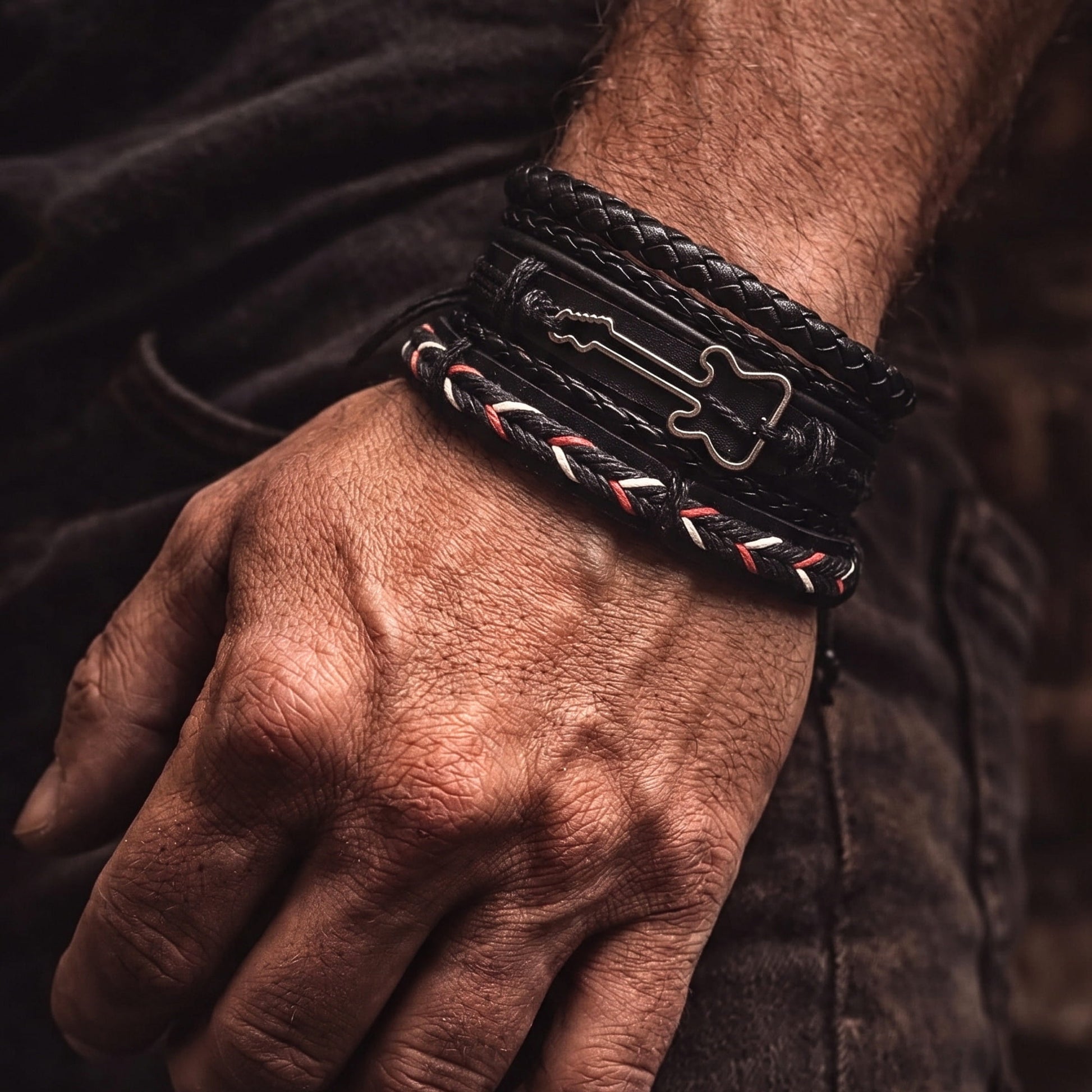 THE MEN THING Leather Bracelet BLACKFIRE KNOT - 4 Pcs Genuine Braided Leather Bracelet Set for Men & Boys (8 inch)