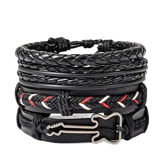THE MEN THING Leather Bracelet BLACKFIRE KNOT Set of 4 Genuine Braided Leather Adjustable Bracelets for Men & Boys – 8 Inch