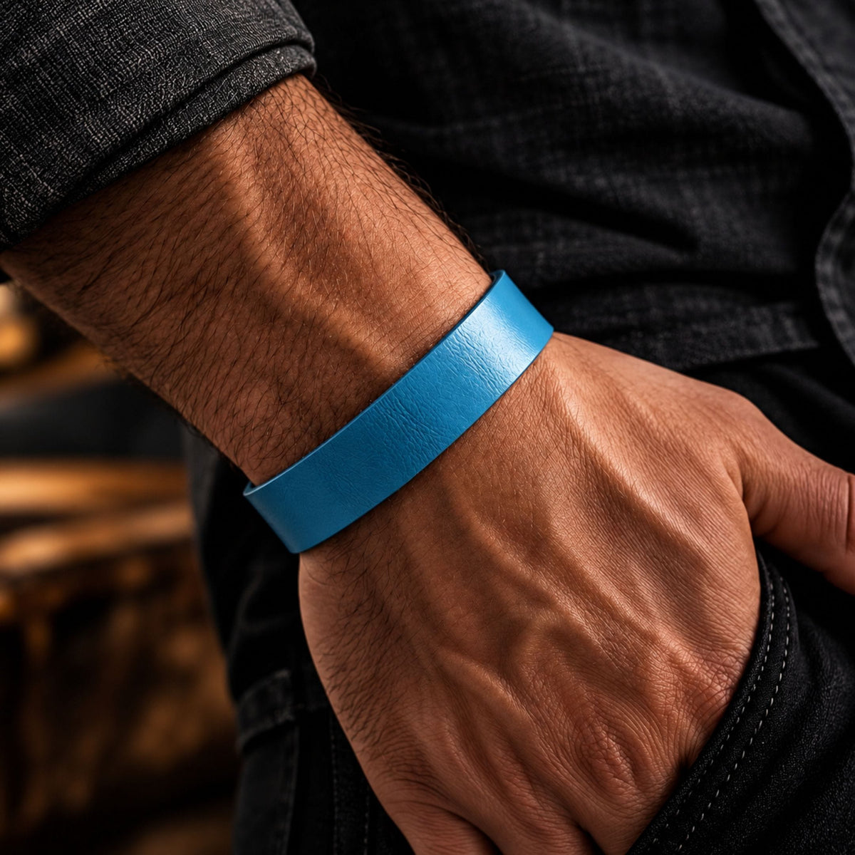 THE MEN THING Leather Bracelet BLAZEFIT BLUE STRAP - 18mm Genuine Leather Bracelet with Stainless Steel Stud button Closure for Men & Boys (6.6-7.1-7.6 inch)