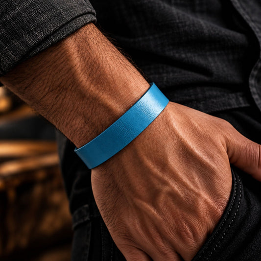 THE MEN THING Leather Bracelet BLAZEFIT BLUE STRAP - 18mm Genuine Leather Bracelet with Stainless Steel Stud button Closure for Men & Boys (6.6-7.1-7.6 inch)